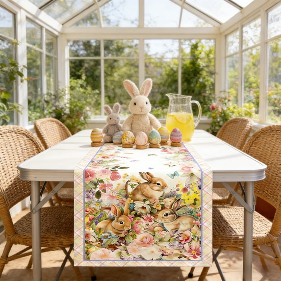 Vggrvlo Easter Tablecloth Easter Table Cloth Rectangle 70"X13" with Bunny and Flowers Waterproof Buffalo Check Plaid Kitchen Table Cover for Dining Room Spring Oblong Tablecloth