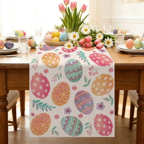Vggrvlo Easter Tablecloth Easter Table Cloth Rectangle 70"X13" with Easter Eggs Watercolor Buffalo Check Plaid Spill Proof Table Covers for Party Home Dinner Decor