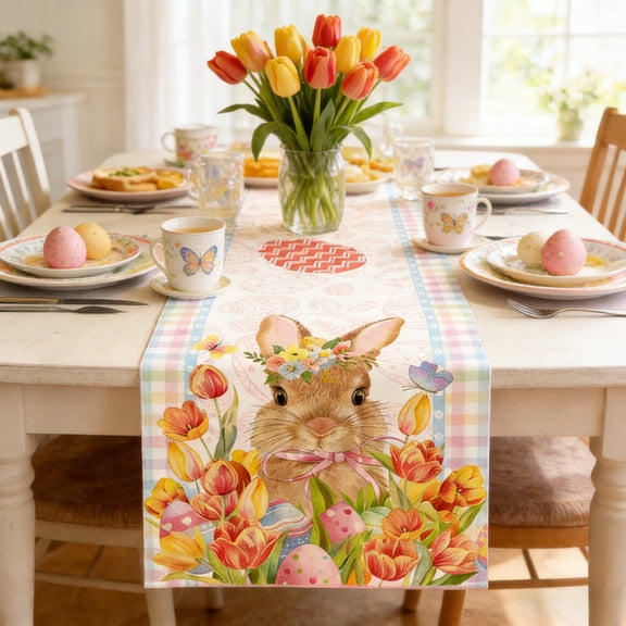 Vggrvlo Easter Tablecloth Spring Easter Table Cloth Rectangle 70"X13" with Bunny and Flowers Watercolor Buffalo Check Plaid Spill Proof Table Covers for Dining Room Spring Oblong Tablecloth Decor