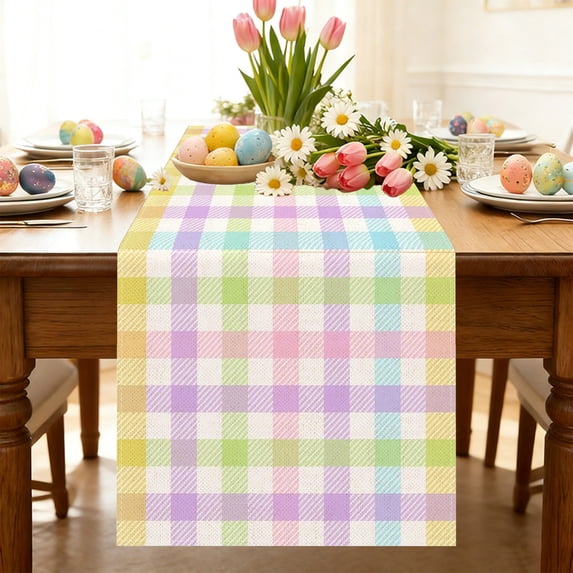 Vggrvlo Easter Tablecloth Spring Easter Table Cloth Rectangle 70"X13" Watercolor Buffalo Check Plaid Spill Proof Table Covers for Dining Room Spring Oblong Tablecloth