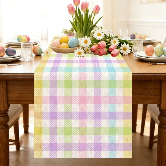 Vggrvlo Easter Tablecloth Spring Easter Table Cloth Rectangle 70"X13" Watercolor Buffalo Check Plaid Spill Proof Table Covers for Dining Room Spring Oblong Tablecloth
