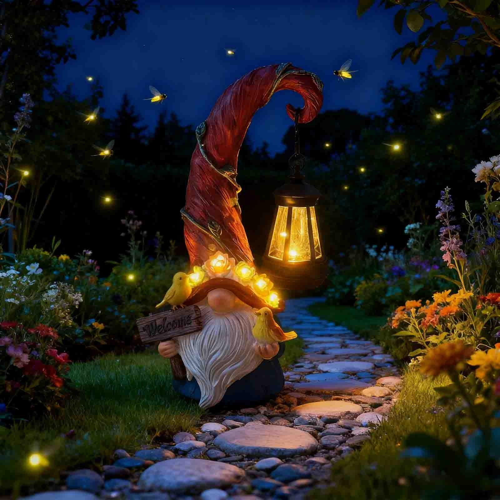 Vggrvlo Gnome Garden Decor Statue Solar Gnomes Decorations for Yard with Lantern Light Outdoor Decorations for Patio Best Christmas Gift