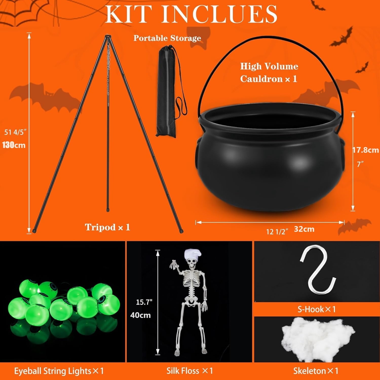 Vggrvlo Halloween Decorations 12.5"x6.9"Large Witches Cauldron on Tripod with Scary Eyeballs Lights Skeleton set Halloween Decor with Green Light for Indoor Outdoor Home Porch Yard Party