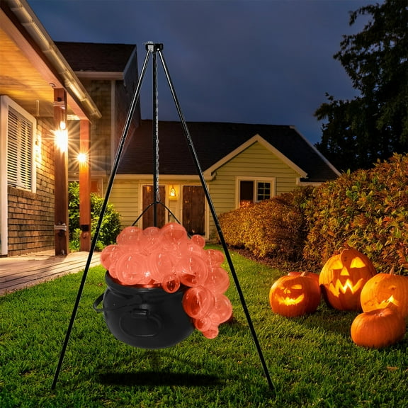 Vggrvlo Halloween Decorations Outdoor DIY Bubbling Cauldron on Tripod Black Plastic Cauldron with Orange Light Black Plastic Cauldron for Indoor Outdoor Home Kitchen Decoration