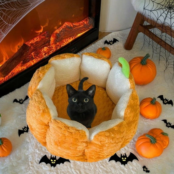 Vggrvlo Halloween Pumpkin Large Cat Bed Cat Beds for Indoor Cats Cozy Warming Fluffy Washable Anti-Slip Pet Sleeping Bag 19.6"x8.9"(Yellow)