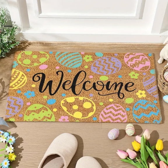 Vggrvlo Happy Easter Doormat Easter Door Rug Holiday Floor Decor Easter Eggs Door Mat Non Slip Coir Front Door Mats Welcome Rug Indoor or Outdoor 16"X24"