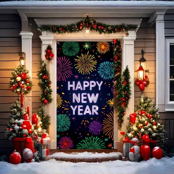 Vggrvlo Happy New Year Door Cover 2026 New Years Door Decorations Front Porch Hang Door Banners (C)