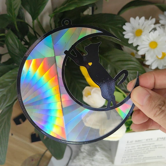 Vggrvlo Stained Glass Window Hanging Black Cat Decor On White Moon Suncatcher for Garden, Patio and Indoor Decor Gift for Women Light Catcher Sun Room Decor Village Style