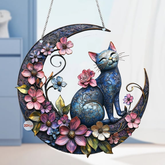 Vggrvlo Stained Glass Window Hanging Black Cat Decor On White Moon Suncatcher for Window Doors Home Decoration for Halloween Decorations, Birthday Gift for Mom