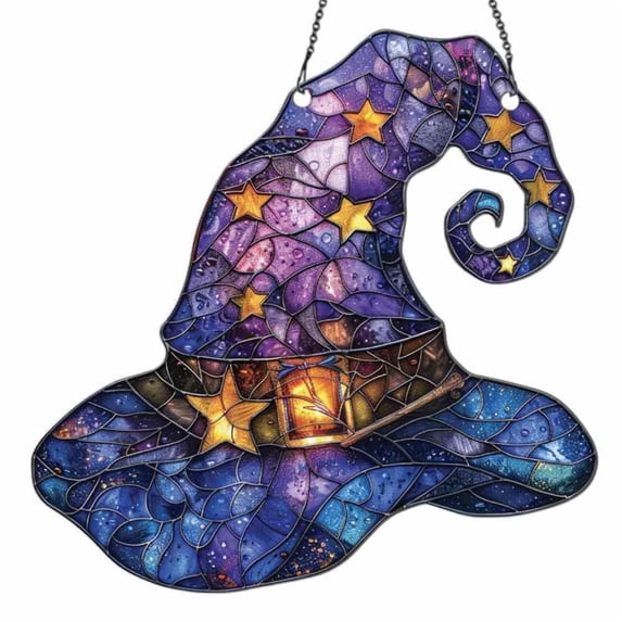 Vggrvlo Stained Glass Window Hanging Halloween Witch Hat Suncatcher for Windows Panels for Halloween Decorations, Birthday Gift for Mom