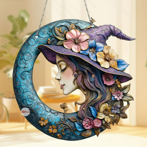 Vggrvlo Stained Glass Window Hanging Halloween Witch Suncatcher for Windows Panels for Halloween Decorations