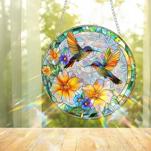 Vggrvlo Stained Glass Window Hanging Hummingbird Ornament Suncatcher for Garden, Patio and Indoor Decor Gift for Women Light Catcher Sun Room Decor Village Style