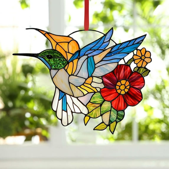 Vggrvlo Stained Glass Window Hanging Hummingbird Ornament Suncatcher for Windows Panels for Christmas Tree Decoration, Birthday Gift for Mom
