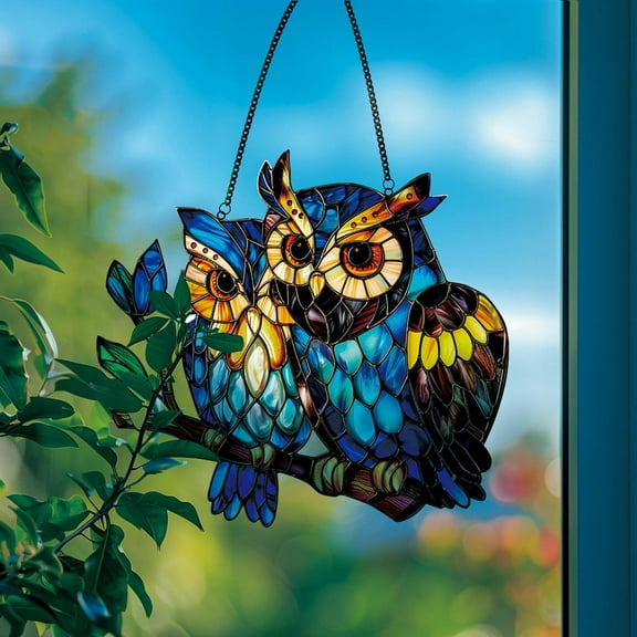Vggrvlo Stained Glass Window Hanging Owl Decor Suncatcher for Birthday, Women, Men, Wife, Aunt, and Mom for Christmas Tree Decoration, Birthday Gift for Mom