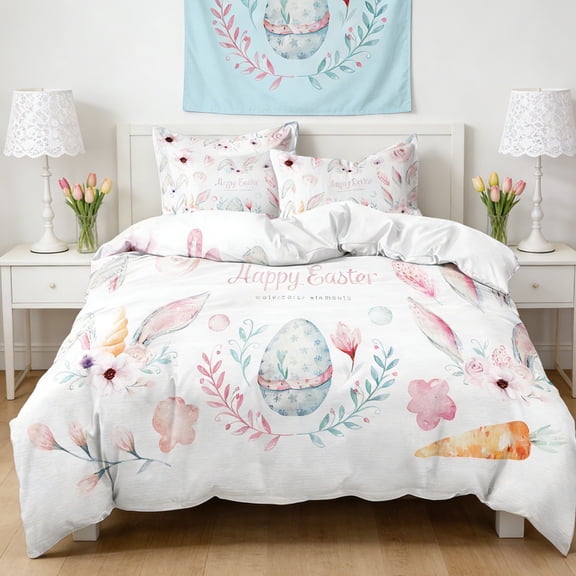 Vggrvlo Twin Comforter Set Happy Easter Bunny Floral White Warm Down Alternative Bed Set with 1 Lightweight Comforter(70"X80")and 2 Pillowcases(20"X30") for Ki-ds Gi-rls Women Te-ens Room Decor