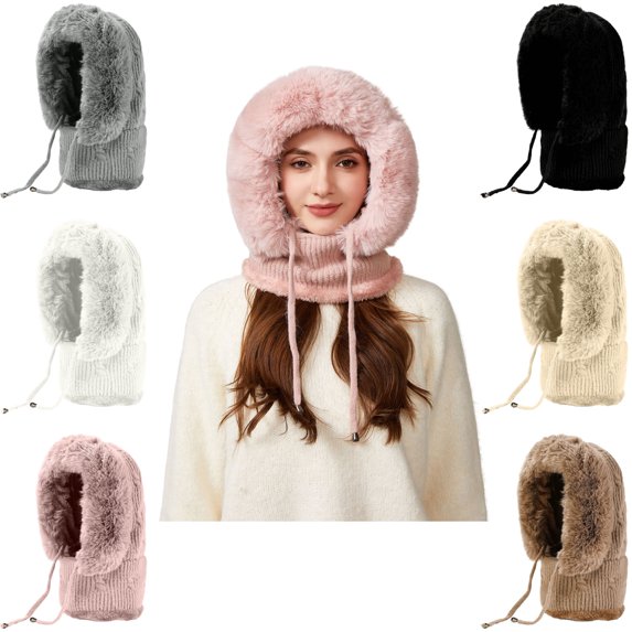 Vggrvlo Under 10 3 in 1 Beanie Hat for Women Thick Plush-Lined Warm Face Cover Hat Cap Scarf Best Valentines Day Decorations Pink