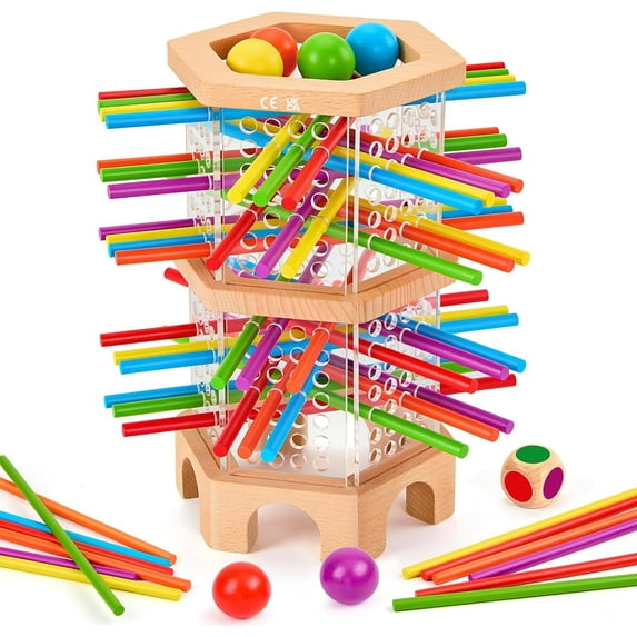 Vggrvlo Wooden Stick Game 48 Colorful Sticks Dice Game for Ki-ds 3-6 Years Kerplunk Family Games for Ki-ds and Adults