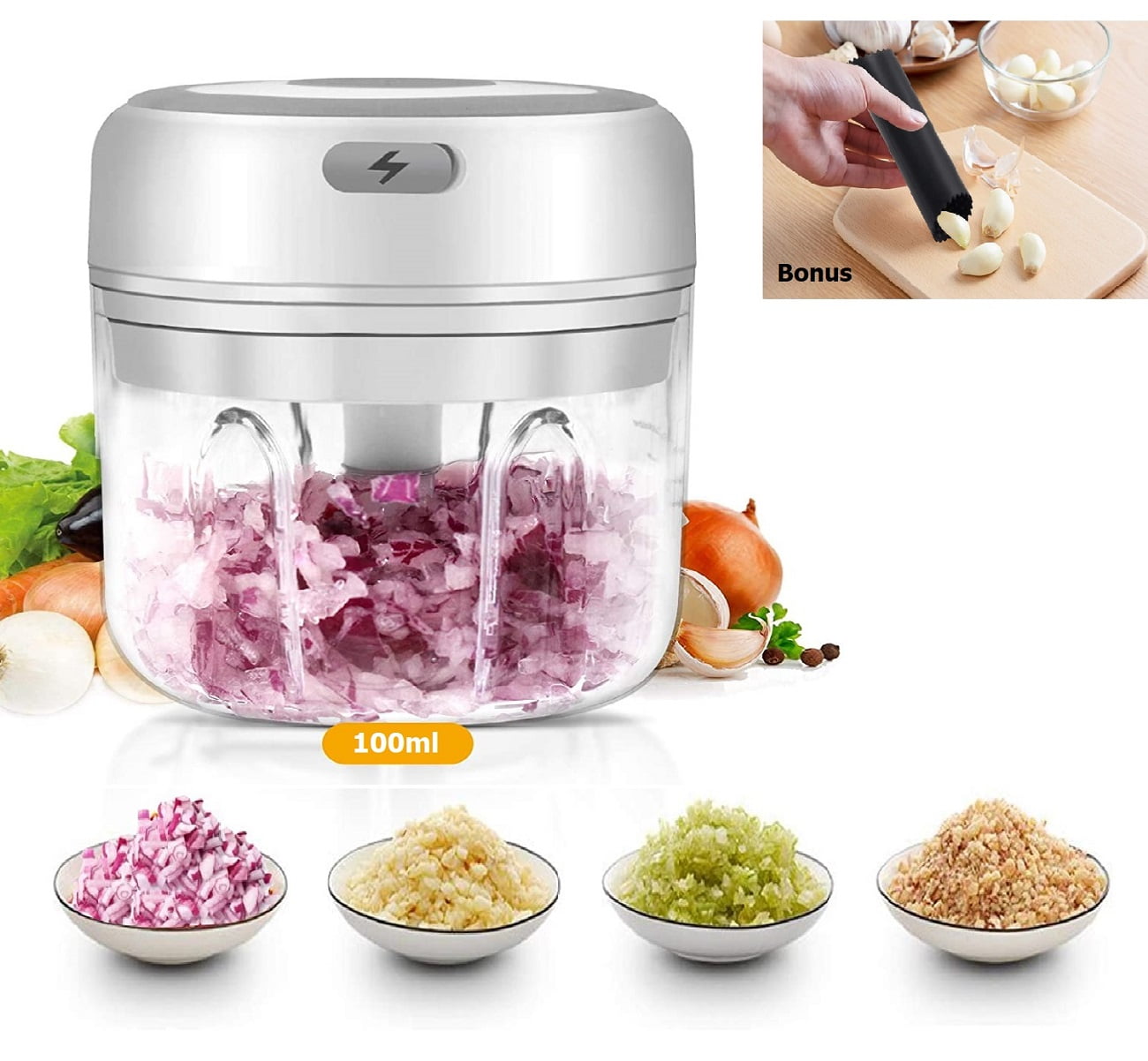 Electric Mini Garlic Chopper, Blender Mincer, Portable Cordless with U