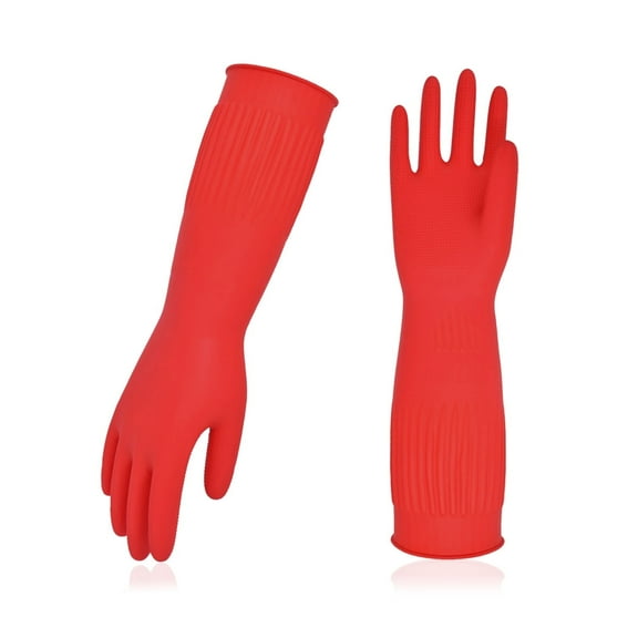 Vgo... 1-Pair Dishwashing Gloves, Reusable Household Gloves, Kitchen Gloves, Long Sleeve, Thick Latex, Cleaning, Washing, Working, Painting, Gardening, Pet Care (Size L, Red, RB2143)