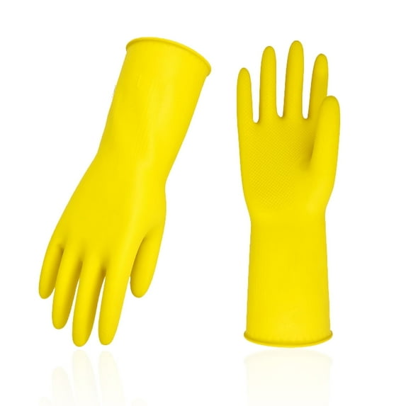 Vgo... 3-Pairs Reusable Household Gloves, Rubber Dishwashing gloves, Extra Thickness, Long Sleeves, Kitchen Cleaning, Working, Painting, Gardening, Pet Care (Size L, Yellow, HH4601)