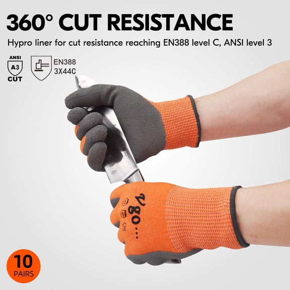 Vgo Cut Resistant Gloves,Cutproof Work Gloves Men Women,Latex Rubber Coated,EN388 level C, ANSI level A3(RB2148HY,Orange)