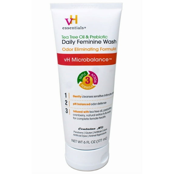 vH essentials Intimate Feminine Wash, pH Balanced with Tea Tree Oil, Cranberry, Prebiotics Odor Eliminating Formula, 6 FL OZ