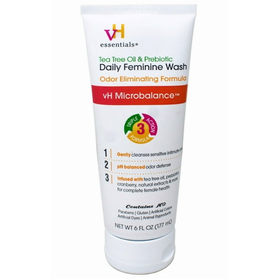 vH essentials Intimate Feminine Wash, pH Balanced with Tea Tree Oil, Cranberry, Prebiotics Odor Eliminating Formula, 6 FL OZ