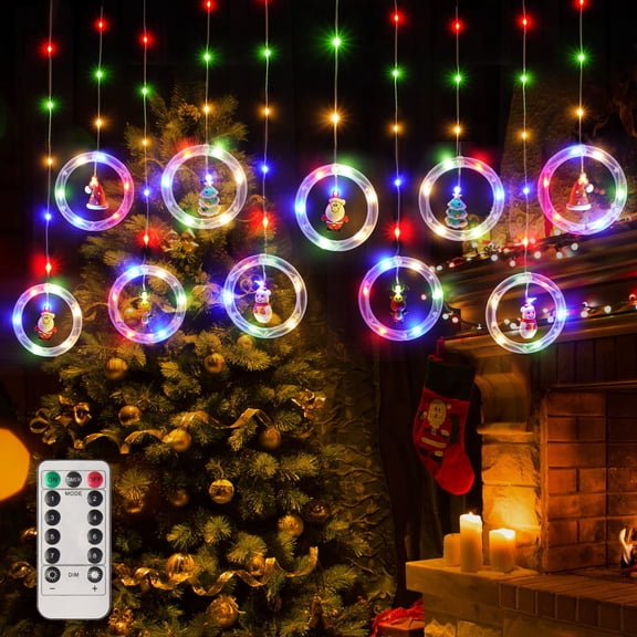 Vhalis Christmas String Window Curtain Lights, 9.8Ft LED Multicolor Decorative Santa Ring Light with Remote, Battery Powered 8 Modes Waterproof for Indoor Outdoor Xmas Tree Window Bedroom Decorations