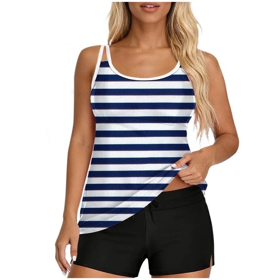 Vhkiploz 2 Piece Tankini Swimsuit for Women Halter Ruffle Overlay Top with High Cut Bottom Summer Bikini Suits Conservative Beach Wear Pool Party Outfit Bathing Suit Striped Blue XL