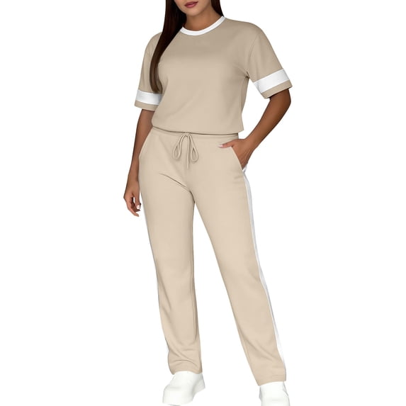 Vhkiploz 2Pcs Color Block Athletic Outfit Sets Round Neck Short Sleeve T-Shirt and Drawstring Straight Leg Pants Solid Color Everyday Outdoor Workout Sweatsuits