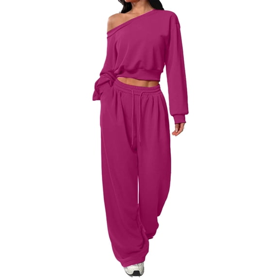 Vhkiploz 2Pcs Outdooor Workout Sweatsuits for Women's Boat Neck Long Sleeve Cropped Top with Drawstring Wide Leg Pants Solid One Shoulder Athletic Outfit Sets
