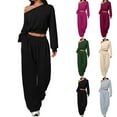 thumbnail image 1 of Vhkiploz 2Pcs Outdooor Workout Sweatsuits for Women's Boat Neck Long Sleeve Cropped Top with Drawstring Wide Leg Pants Solid One Shoulder Athletic Outfit Sets, 1 of 6
