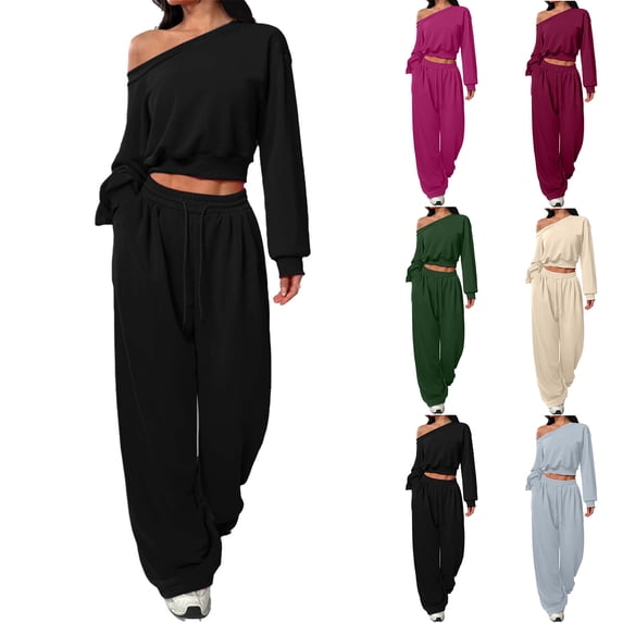 Vhkiploz 2Pcs Outdooor Workout Sweatsuits for Women's Boat Neck Long Sleeve Cropped Top with Drawstring Wide Leg Pants Solid One Shoulder Athletic Outfit Sets