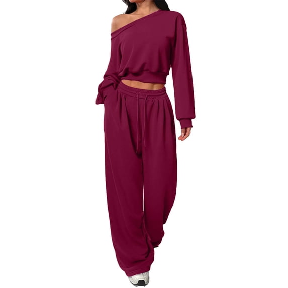 Vhkiploz 2Pcs Outdooor Workout Sweatsuits for Women's Boat Neck Long Sleeve Cropped Top with Drawstring Wide Leg Pants Solid One Shoulder Athletic Outfit Sets