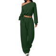 thumbnail image 1 of Vhkiploz 2Pcs Outdooor Workout Sweatsuits for Women's Boat Neck Long Sleeve Cropped Top with Drawstring Wide Leg Pants Solid One Shoulder Athletic Outfit Sets, 1 of 5