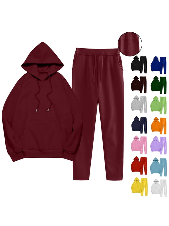 2Pcs Plus Size Athletic Outfit Sets for Women's Long Sleeve Pullover Hoodie and Drawstring Wide Leg Pants Solid Fall Outdoor Workout Sweatsuits