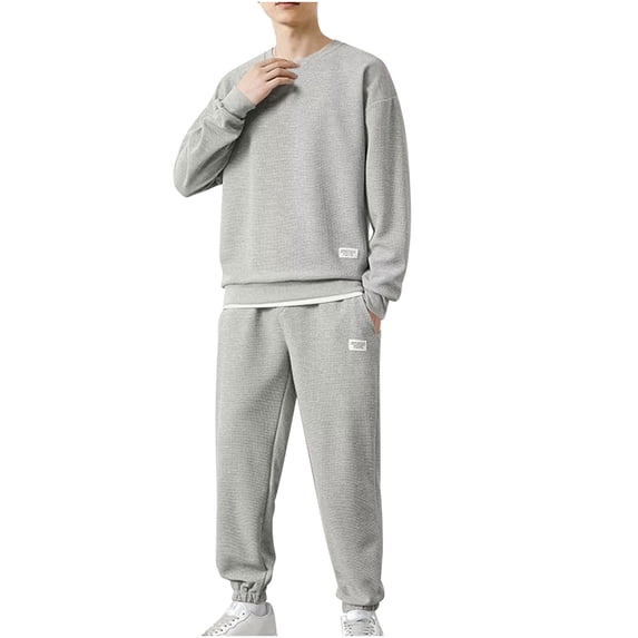 Vhkiploz 2Pcs Plus Size Athletic Outfit Sets for Men's Crew Neck Long Sleeve Pullover Top and Taper Cuffed Pants Solid Everyday Workout Sweatsuits