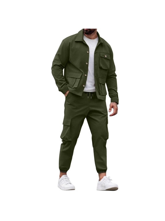 2Pcs Plus Size Outfit Sets for Men's Long Sleeve Button Down Turndown Collar Jacket with Drawstring Cargo Pants Solid Daily Suit Sets