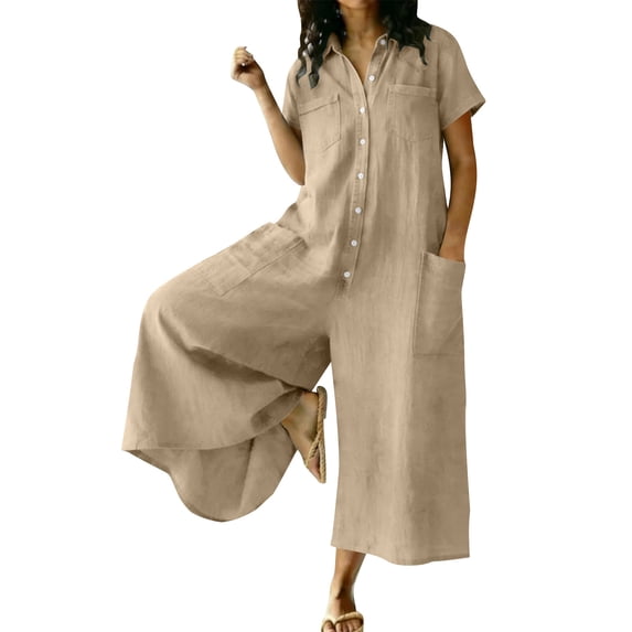 Vhkiploz A-Line Linen Jumpsuit For Women's One Piece Button Wide Leg Maxi Summer Sweatsuits Beach Vacation Travel Athletic Outfit Sets V-Neck Short Sleeve Solid Outwear Beach Rompers With Pockets