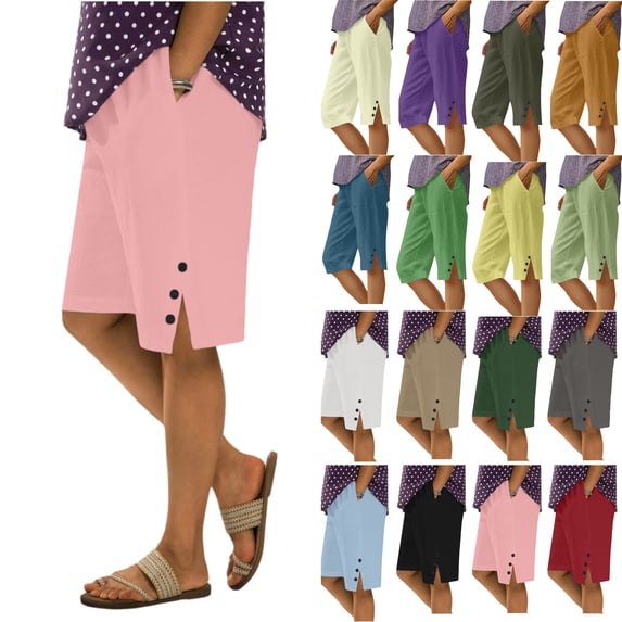 Vhkiploz Plus Size Summer Linen Board Shorts for Women's Wide Leg Beachwear Bermuda Shorts Solid Color Everyday Running Shorts with Side Pockets