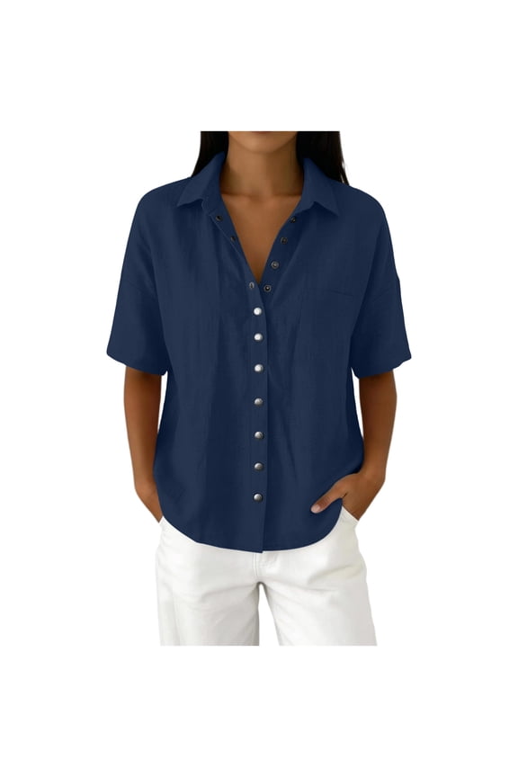 Button-Up Shirts For Women'S Athletic Work Tunics Blouses Collared Tops Short Sleeve V-Neck Solid Color Linen T-Shirt Button Down Shirt With Pocket