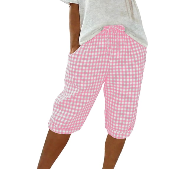 Vhkiploz Capri Pants for Women Gingham Check Elastic Waist Drawstring Pants Plus Size Cropped Trousers High Waisted Lounge Summer Capris