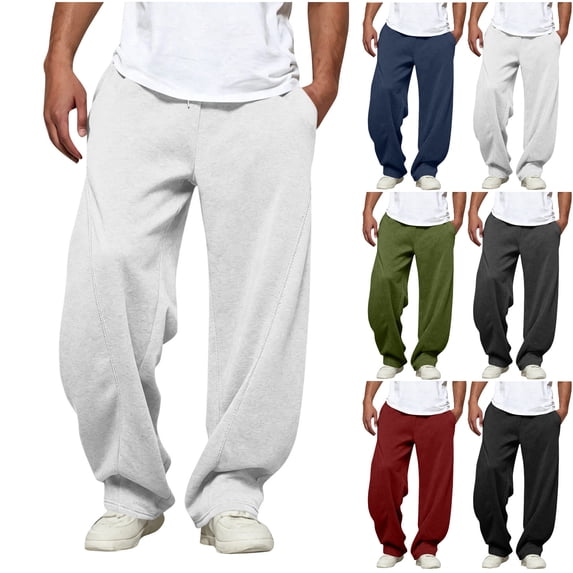 Vhkiploz Fall Wide Leg Sweatpants for Men's Drawstring Patchwork Solid Color Trousers Sporty Gym Workout Athletic Joggers with Side Pockets