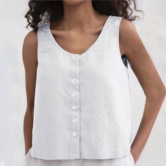 Vhkiploz Linen Tank Top for Women Solid Color Crew Neck Sleeveless Summer Shirt Casual Loose Button Down Blouse Daily Cami Tees