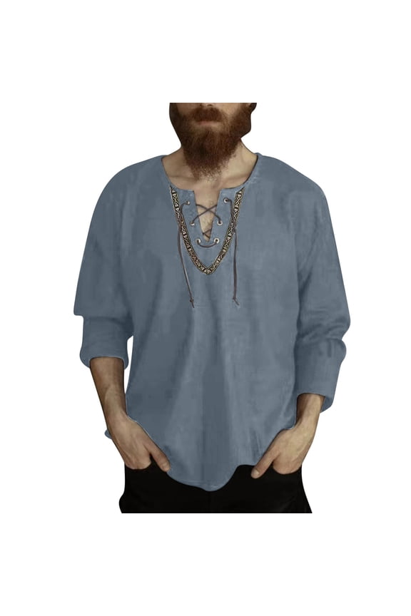 Plus Size Fall Linen Shirts for Men's V-Neck Long Sleeve String Collar Pullover Blouses Solid Outwear Workwear Homewear Tops