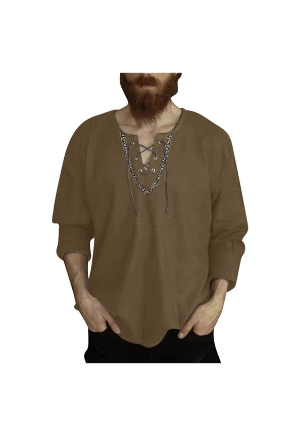 Plus Size Fall Linen Shirts for Men's V-Neck Long Sleeve String Collar Pullover Blouses Solid Outwear Workwear Homewear Tops
