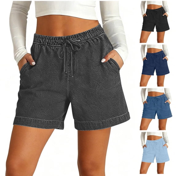 Vhkiploz Plus Size Summer Board Shorts for Women's Drawstring Beachwear Bermuda Shorts Solid Color Wide Leg Running Shorts with Side Pockets