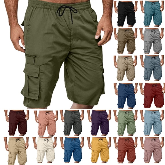 Vhkiploz Plus Size Summer Cargo Shorts for Men's Drawstring Beachwear Board Shorts Solid Color Everyday Work Bermuda Shorts with Multiple Pockets