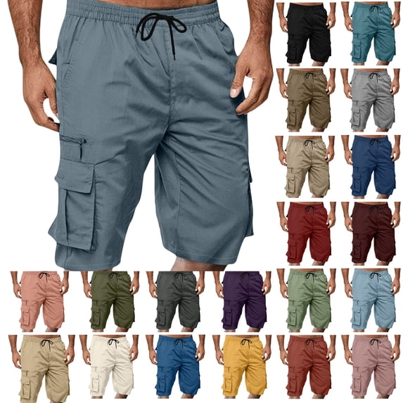 Vhkiploz Plus Size Summer Cargo Shorts for Men's Drawstring Beachwear Board Shorts Solid Color Everyday Work Bermuda Shorts with Multiple Pockets