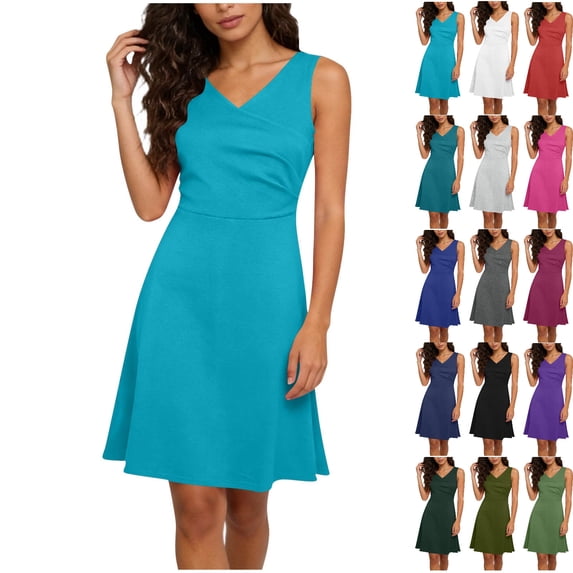 Vhkiploz Plus Size Summer Mini Tank Dress for Women's V-Neck Sleeveless A-Line Dress Solid Color Pleated Tunic Dress, S-4XL